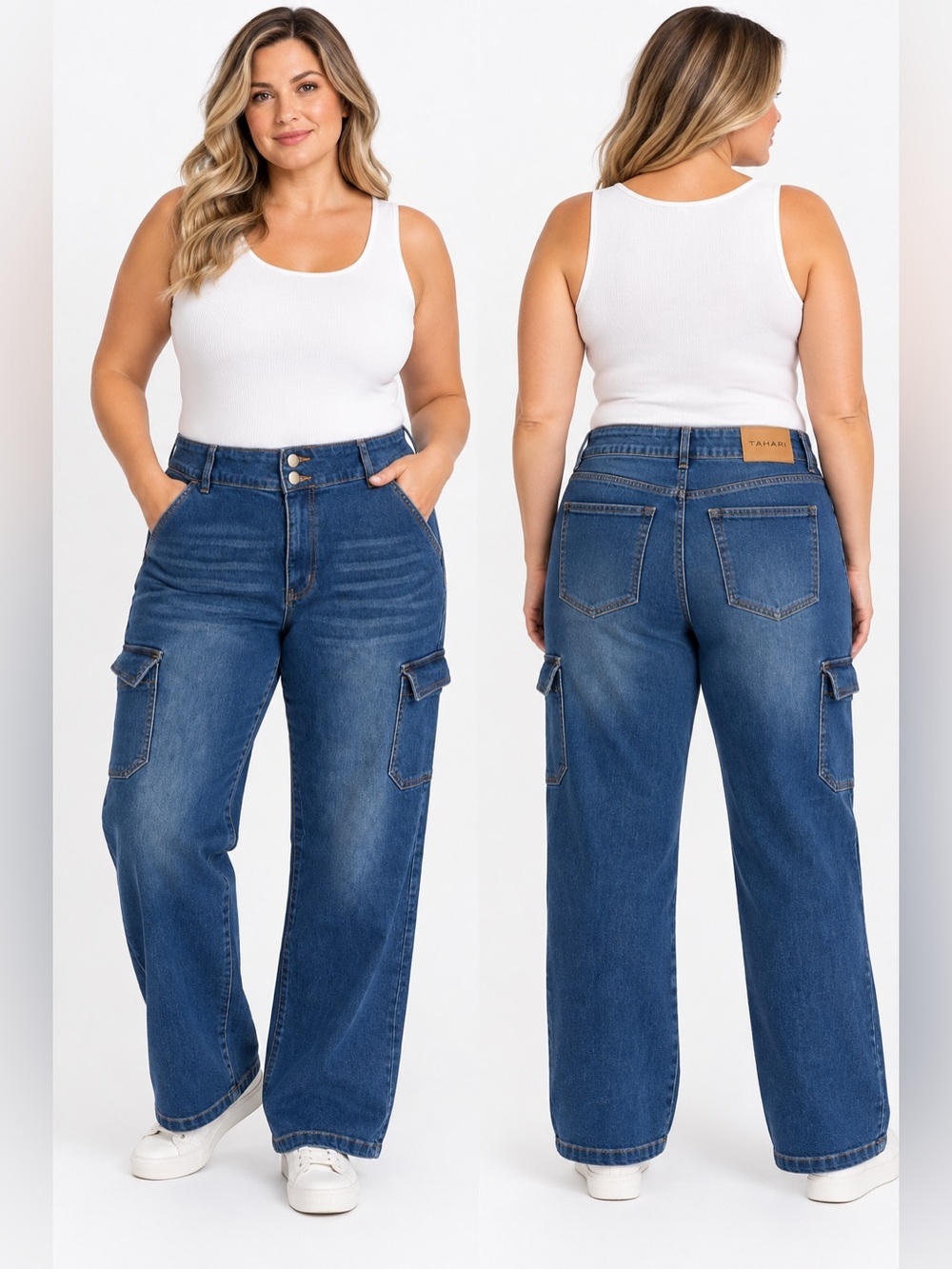 Tahari Premium Denim Cargo Jeans Women’s 12/31 High Rise Wide Leg Blue